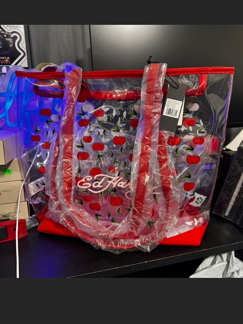 Ed Hardy Clear Cherry Tote Bag in Red Nwt Retail $159 - Picture 3 of 6